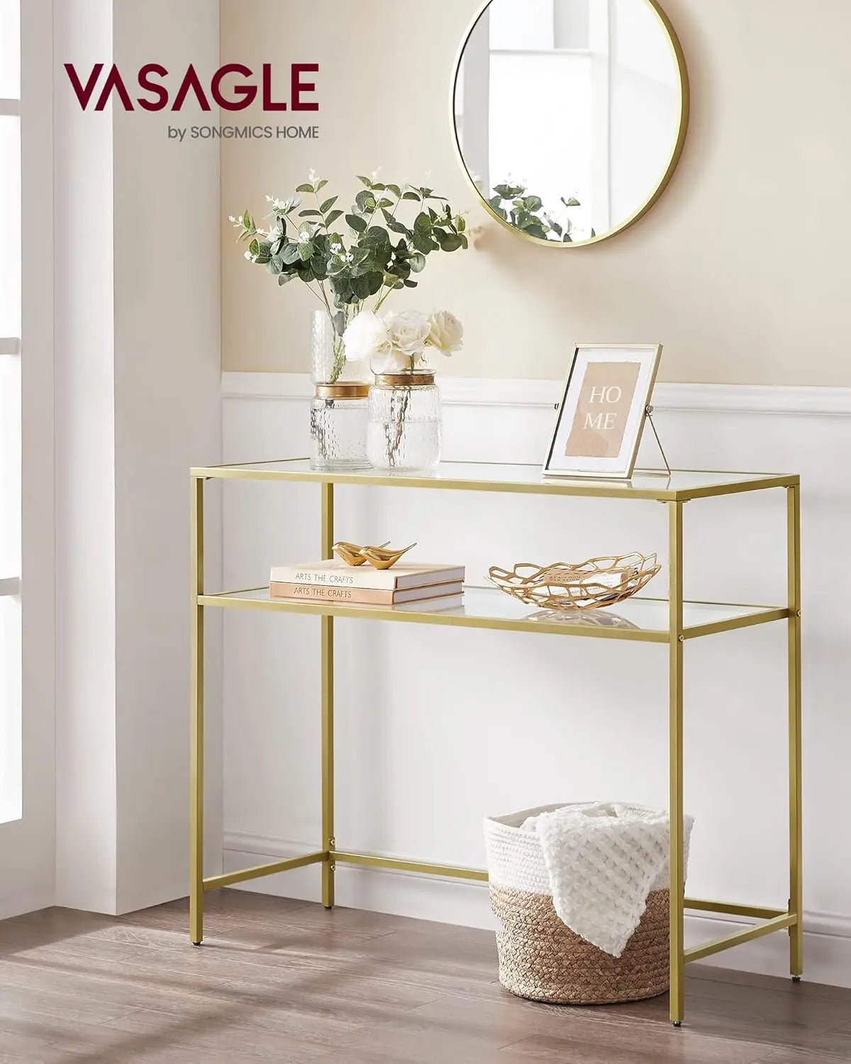 Konsolentisch Hartglas Modern Verstellbar Wohnzimmer Goldfarben von Songmics