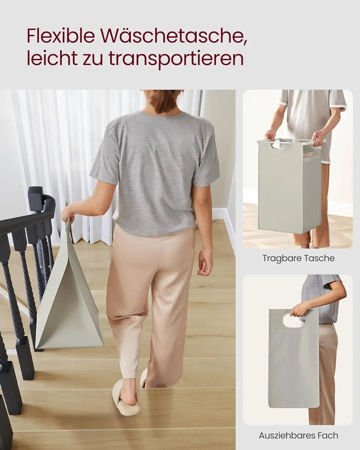 Wäschekorb mit 2 Fächern und Ablage, cremeweiss-mattweiss von Songmics
