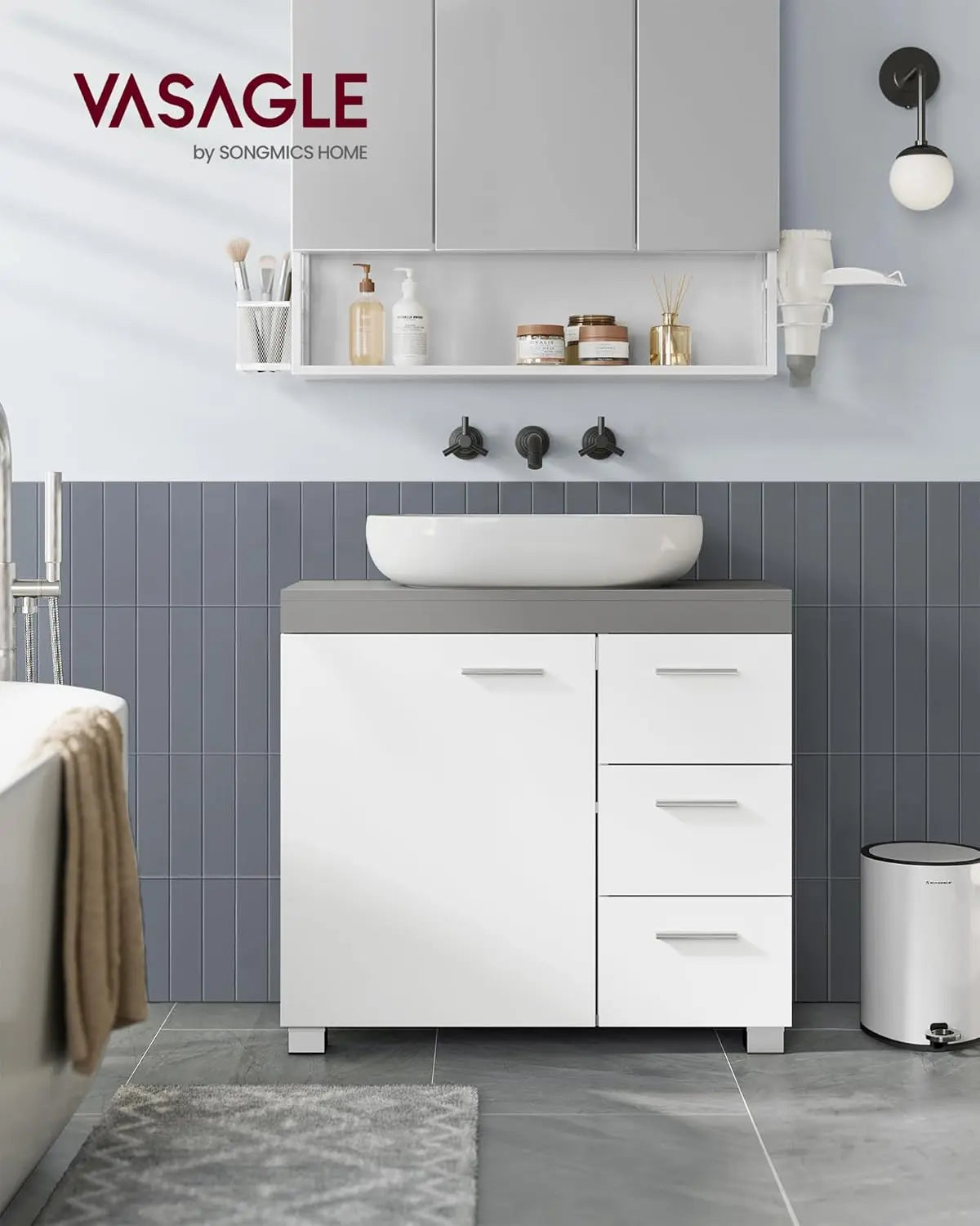 Badezimmerschrank 3 Schubladen Wolkenweiss Zementgrau von Songmics