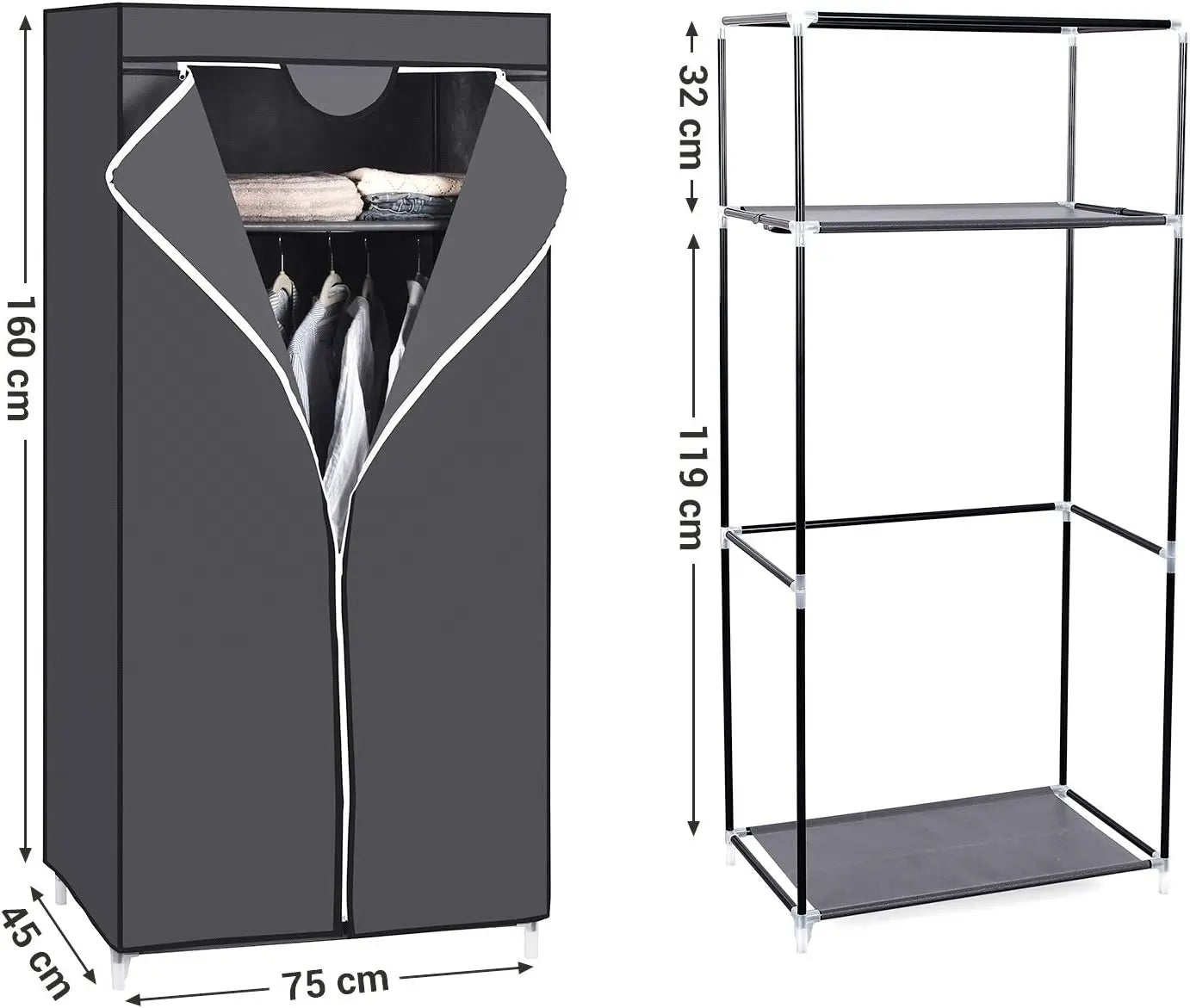 Stoff-Kleiderschrank zusammenklappbar grau 160cm von Songmics