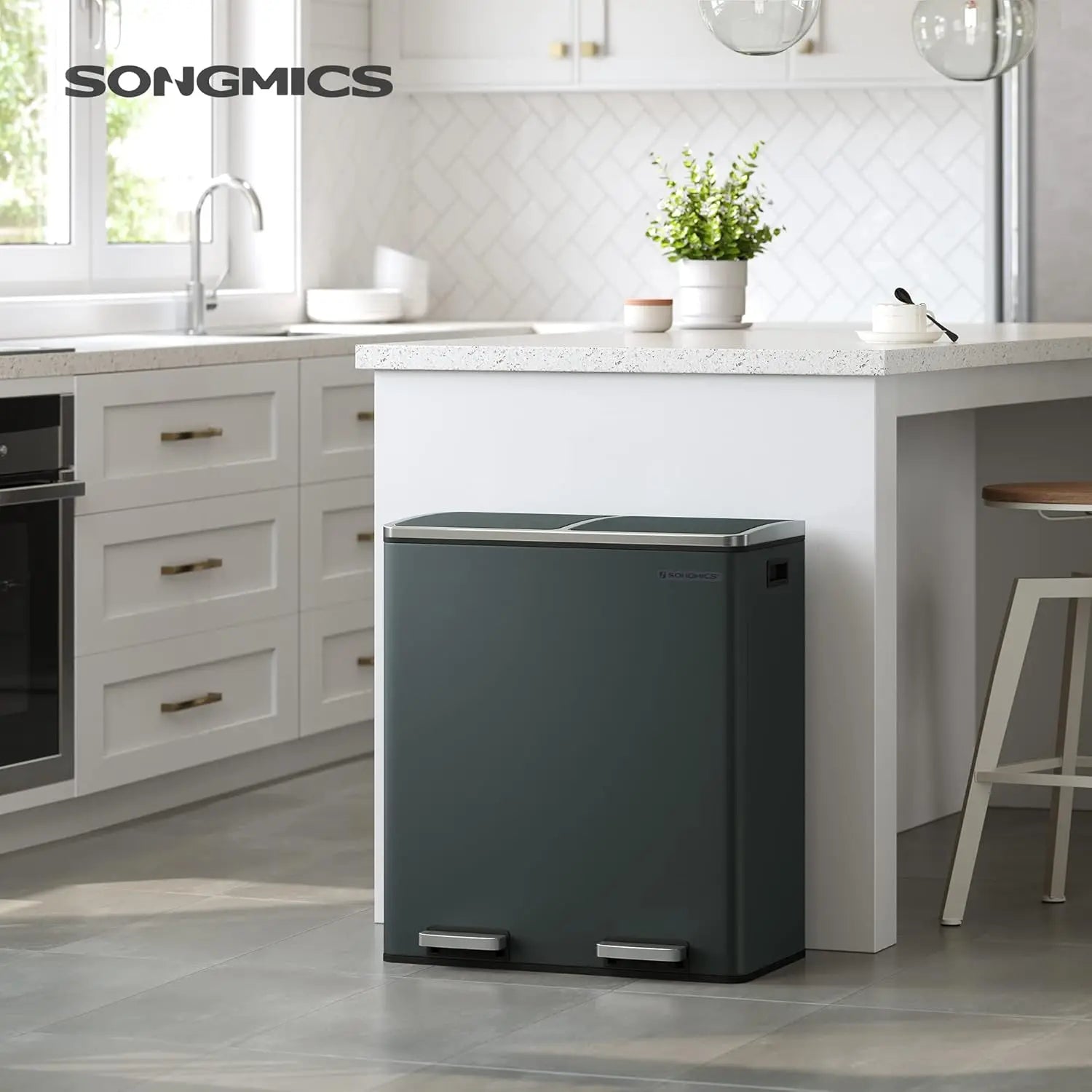 Treteimer 60L Mülltrennsystem grüngrau Metall von Songmics
