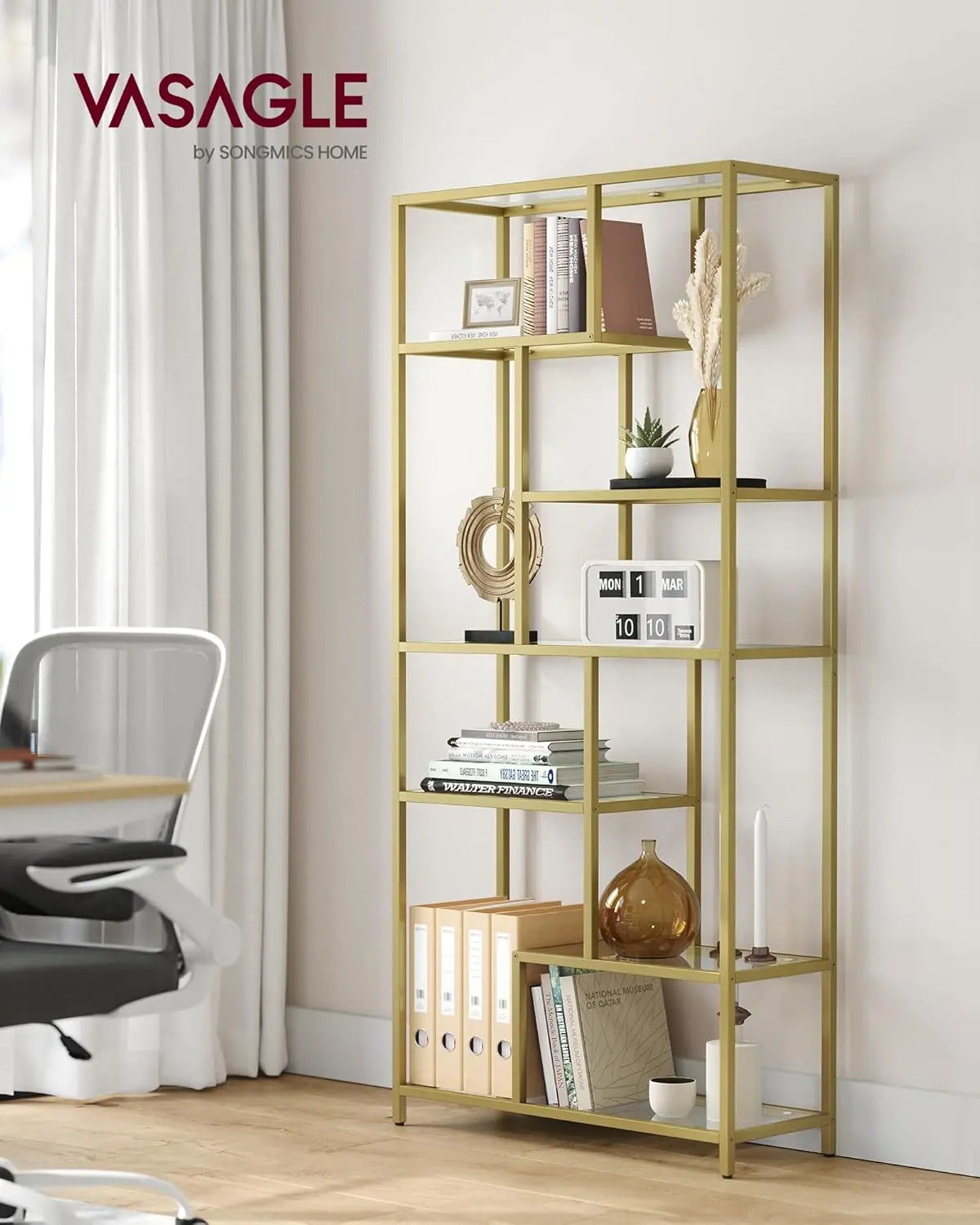 Bücherregal 6 Etagen Glas Gold Metall von Songmics