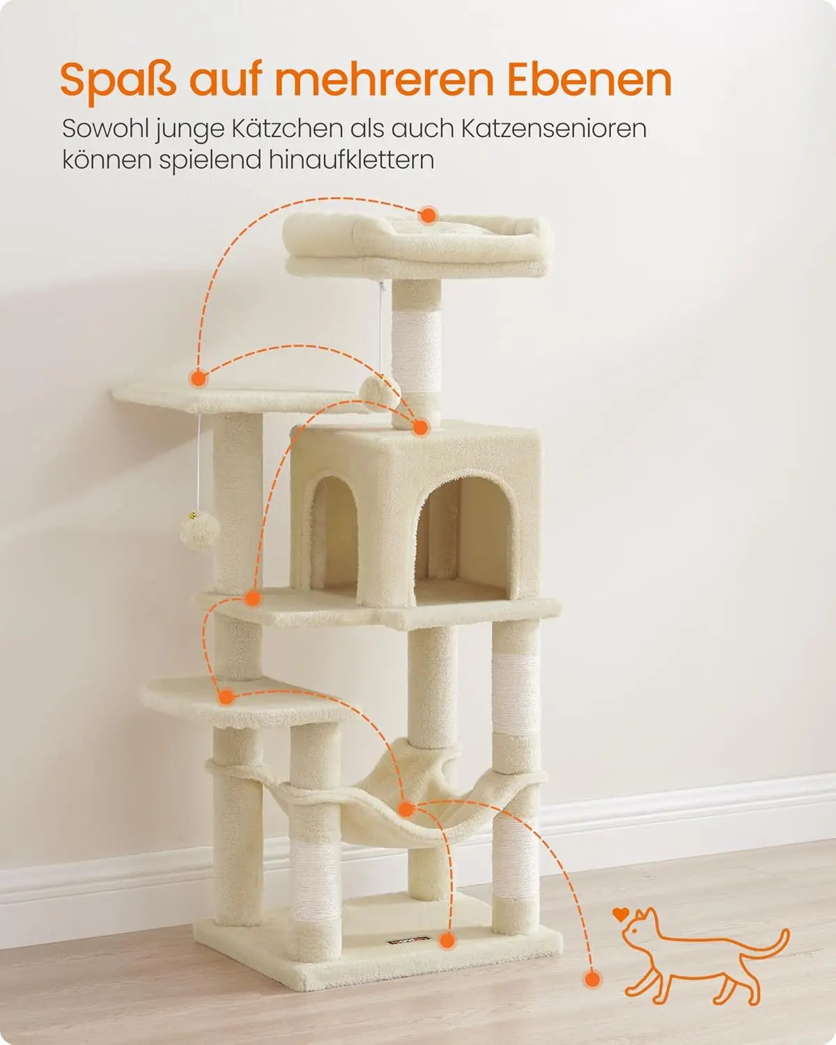 Kratzbaum 112cm Hängematte beige Plüsch von Songmics