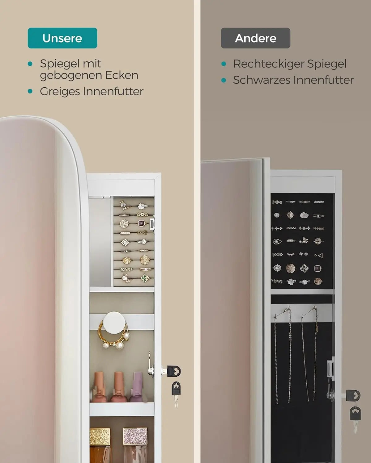 Schmuckschrank Spiegelschrank LED Beleuchtung abschliessbar Weiss von Songmics