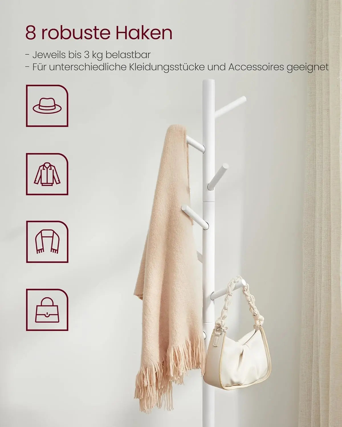 Garderobenständer Massivholz Baumform Verstellbar Weiss von Songmics