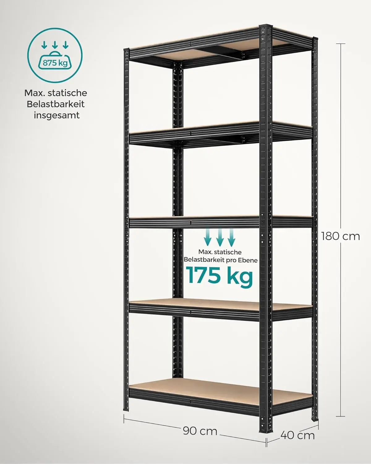 Schwerlastregale Stahlgestell Verstellbare Ablagen, 40 x 90 x 180 cm, Schwarz von Songmics