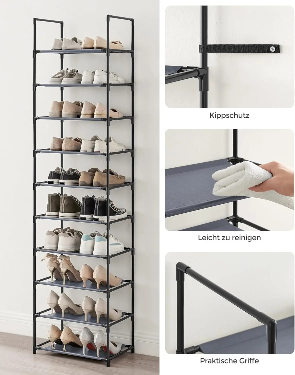 Schuhregal 10 Ebenen 45 cm breit grau Metall von Songmics