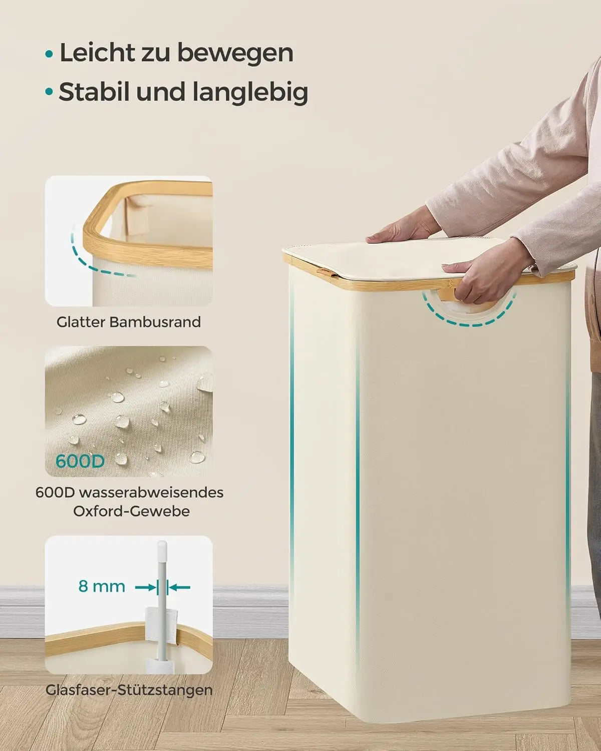 Wäschekorb mit Deckel 3 Fächer Cremeweiss von Songmics