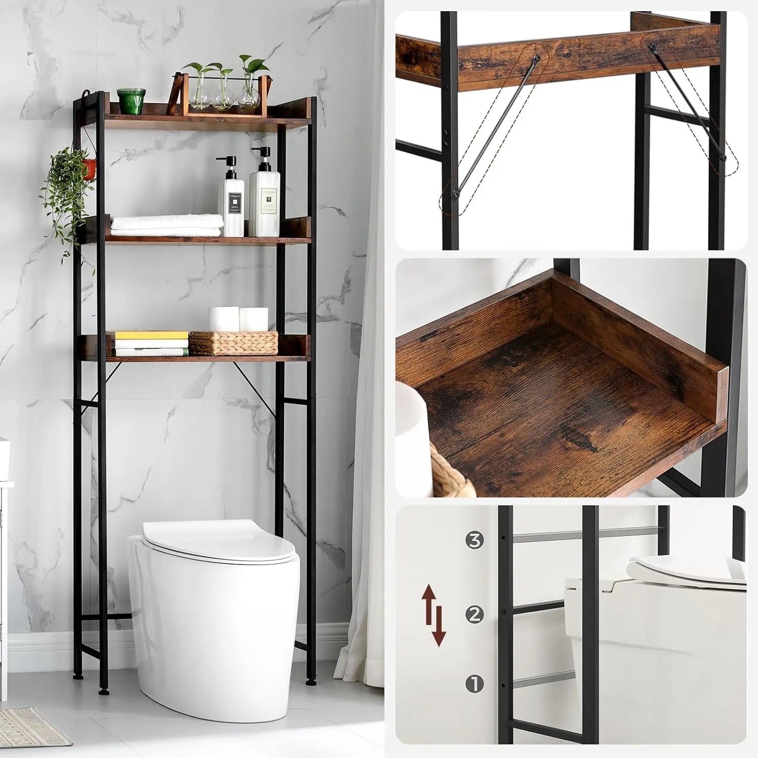 Toilettenregal 3 Ebenen Badezimmerregal Rustikal Braun von Songmics