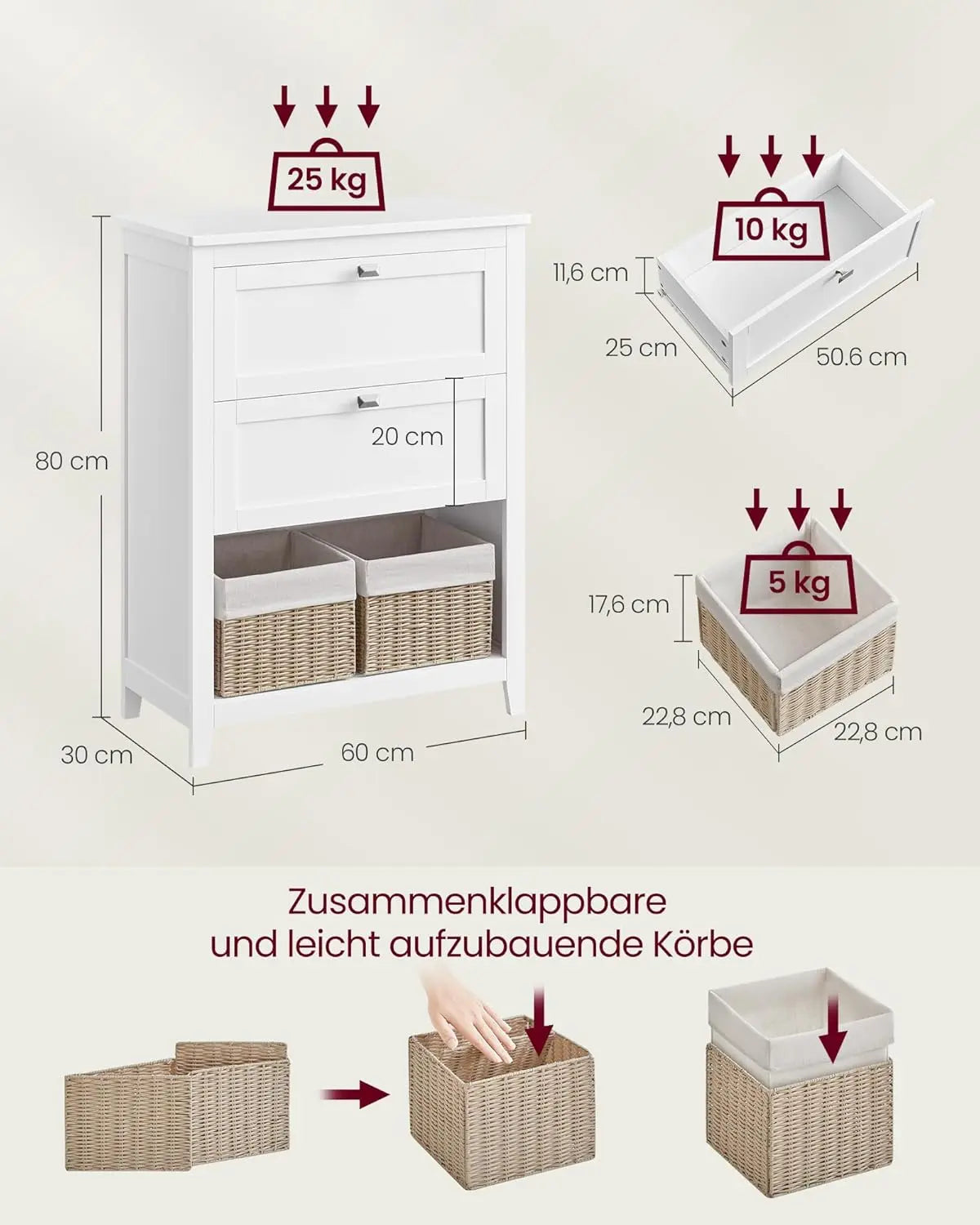 Badezimmerschrank weiss Holz 2 Schubladen von Songmics