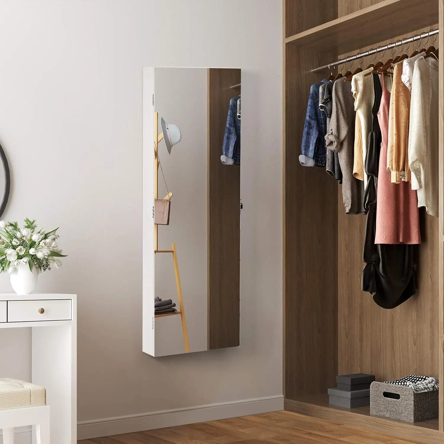 Schmuckschrank Spiegel abschliessbar weiss Holz von Songmics