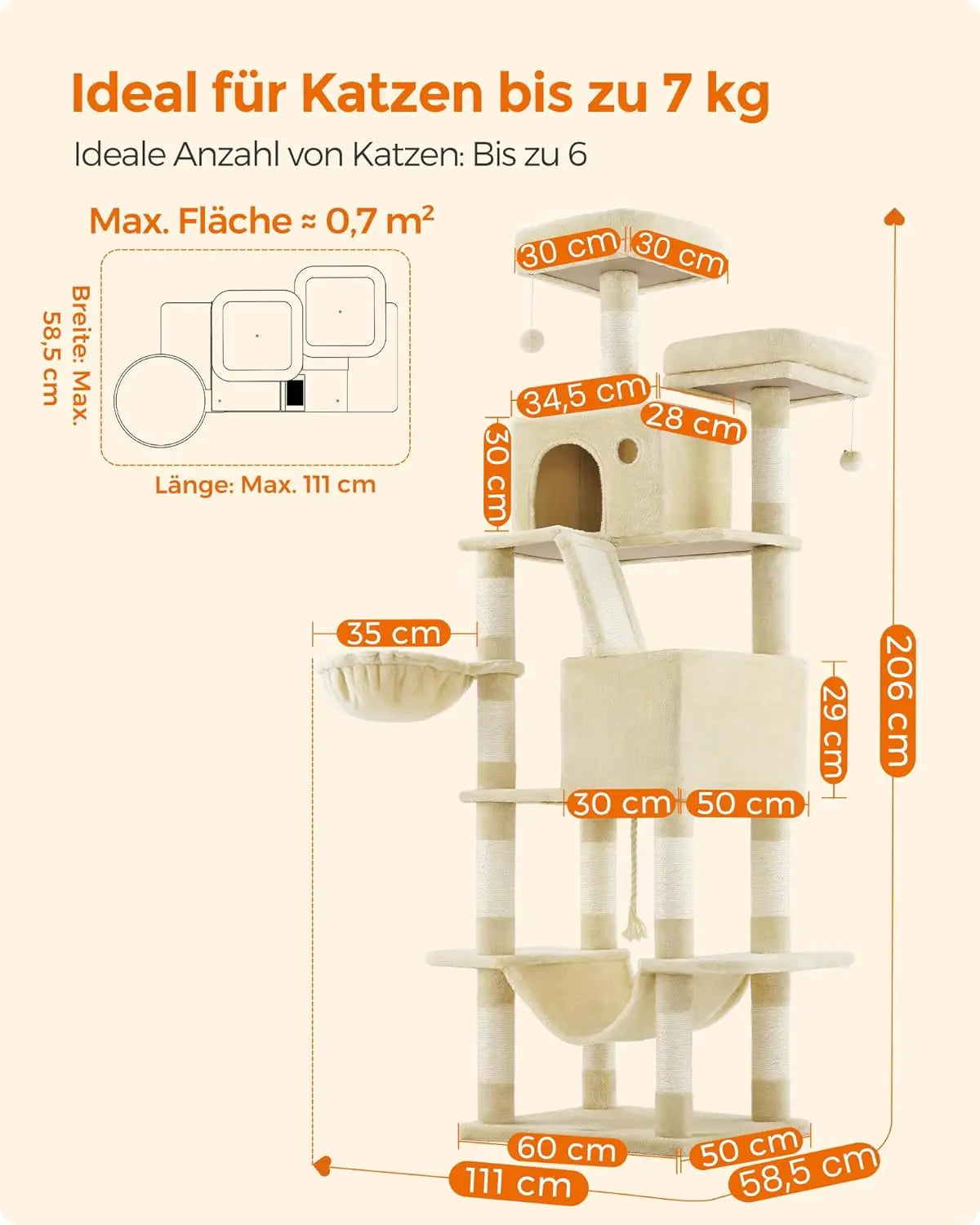Kratzbaum XXL 206cm 13 Säulen Beige von Songmics