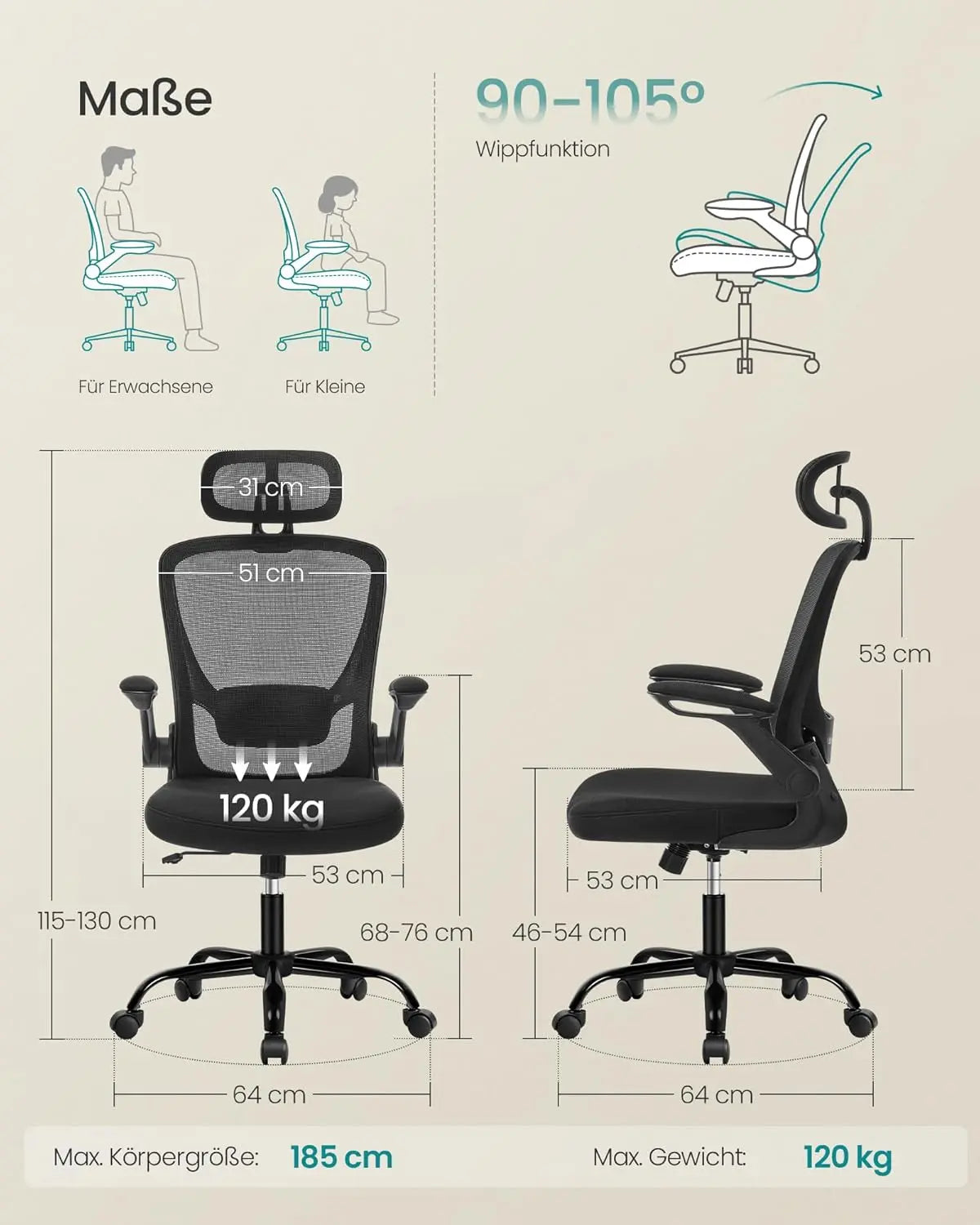 Bürostuhl ergonomisch mit Kopfstütze tintenschwarz von Songmics