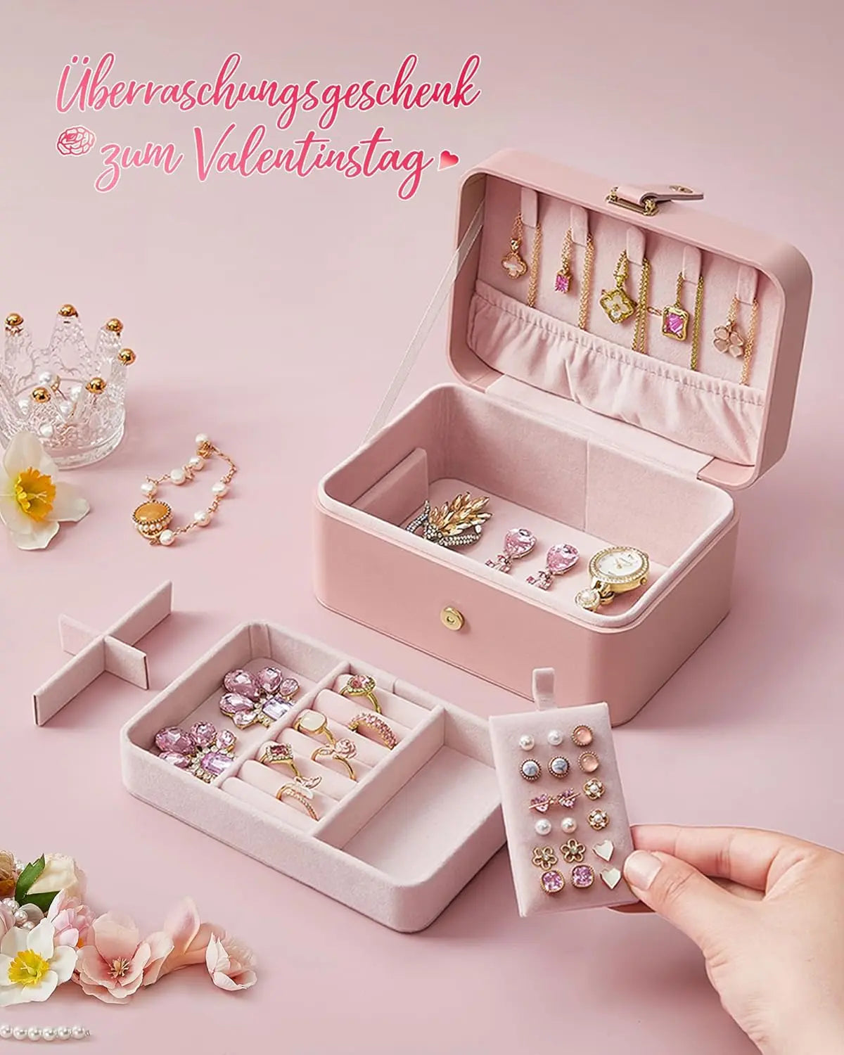 Schmuckkästchen Reise 2-Ebenen pastellrosa von Songmics
