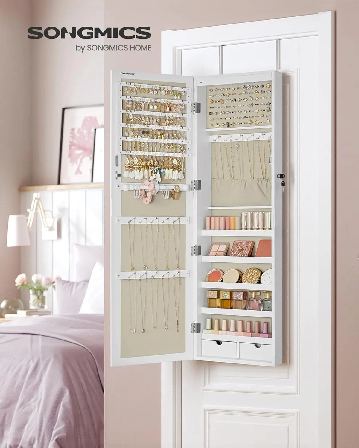 Schmuckschrank Wandmontage Spiegel Weiss Holz von Songmics