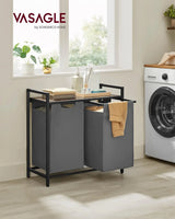 Wäschekorb mit 2 Fächern und Ablage, schiefergrau-vintagebraun von Songmics