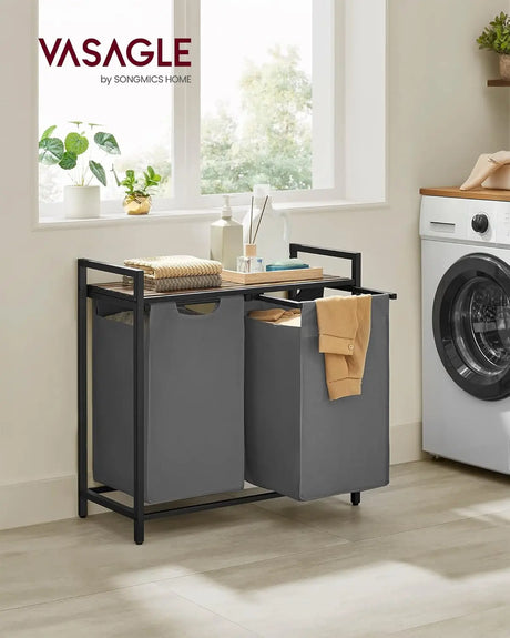 Wäschekorb mit 2 Fächern und Ablage, schiefergrau-vintagebraun von Songmics