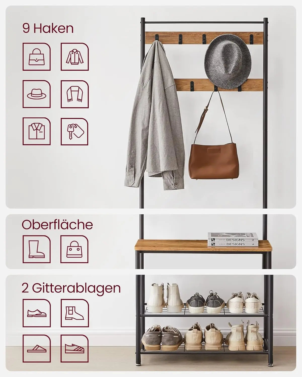Garderobenständer mit Schuhablagen Industrie-Design Walnussbraun von Songmics