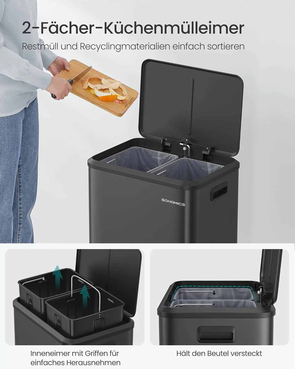 Abfalltrennsystem 2x15L Softclose Stahl Schwarz von Songmics