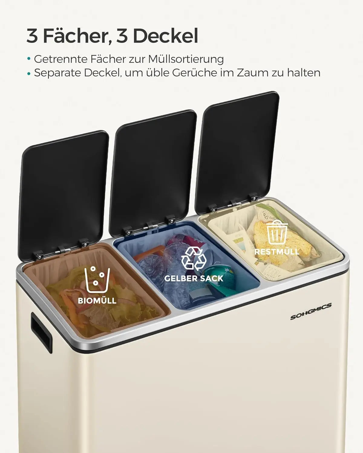 Treteimer 3-Fach 54L sandbeige Kunststoff von Songmics