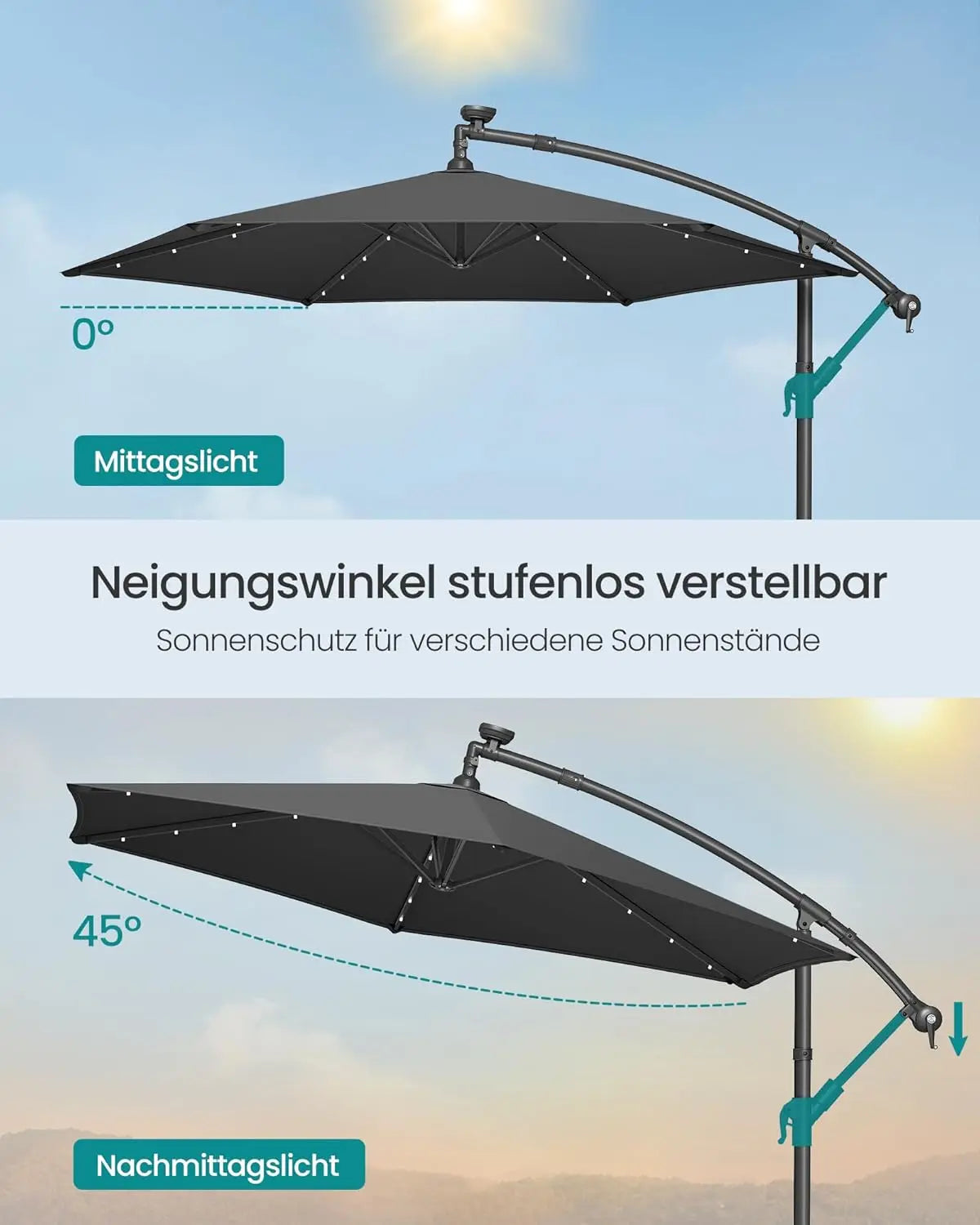 Ampelschirm LED-Solar 300cm grau Aluminium von Songmics