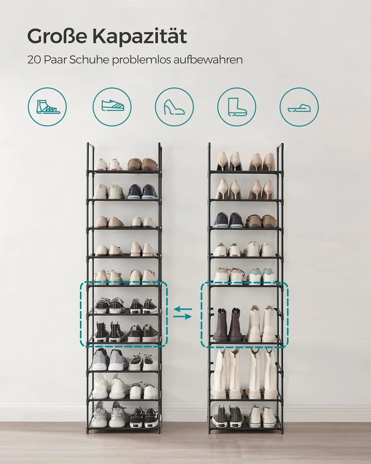 Schuhregal Metallgestell 10 Ebenen Schwarz von Songmics