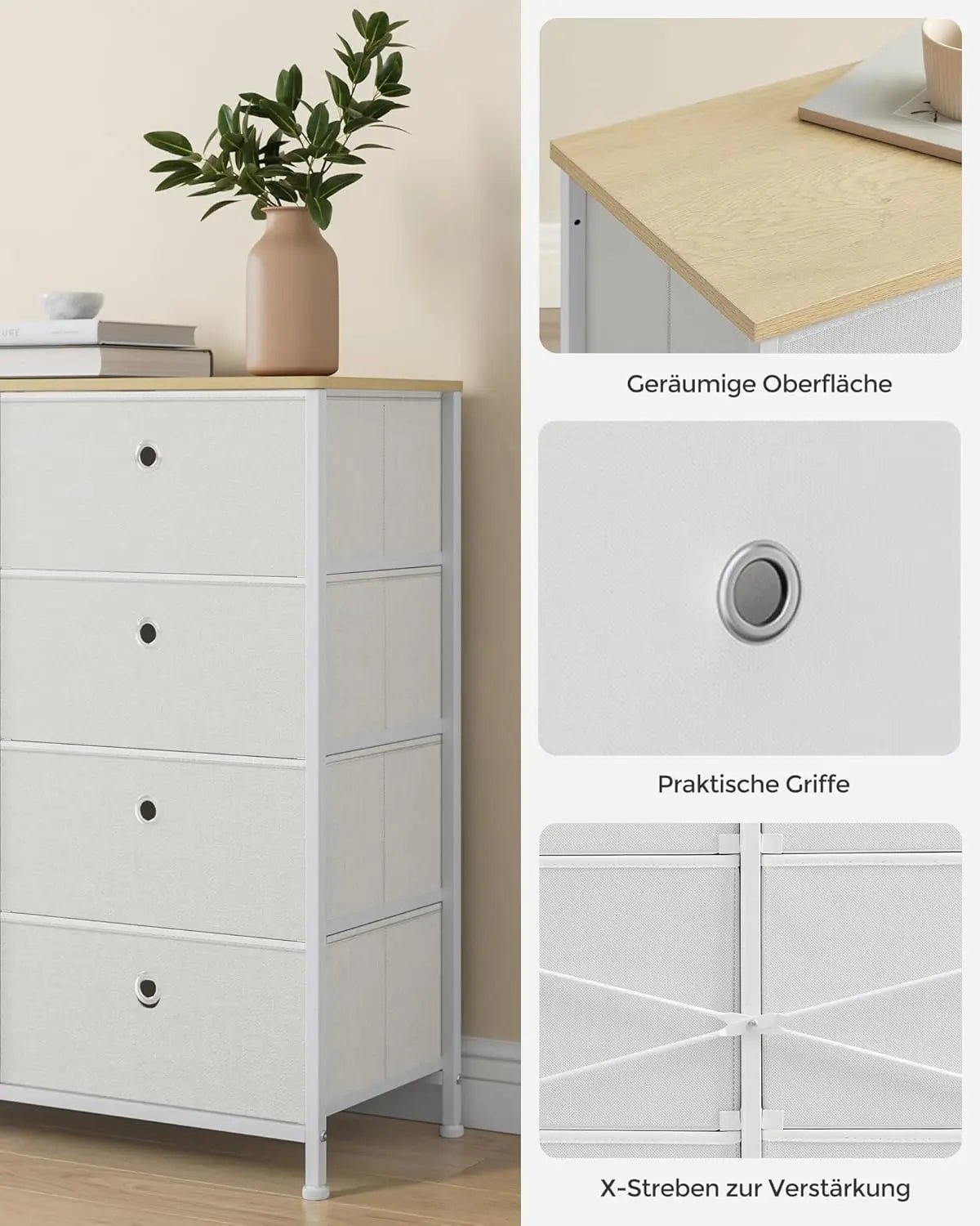 Kommode 8 Schubladen Stoff Creme Eiche von Songmics