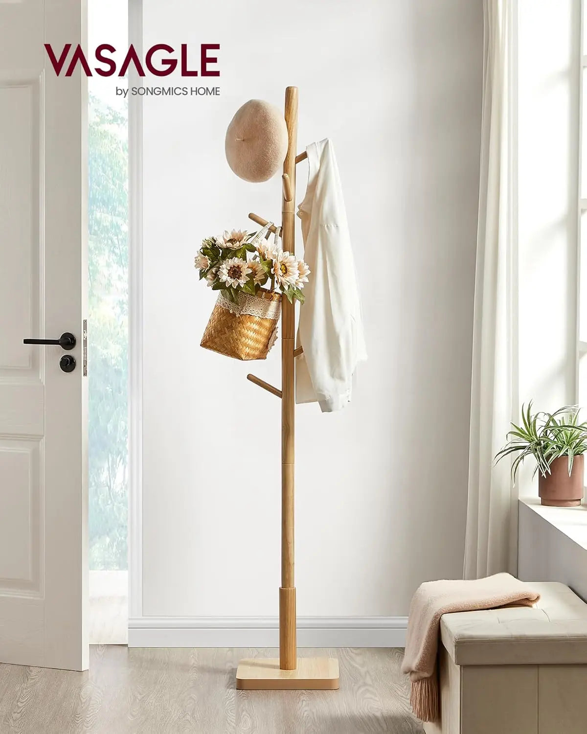 Garderobenständer Massivholz Baumform Naturbeige von Songmics