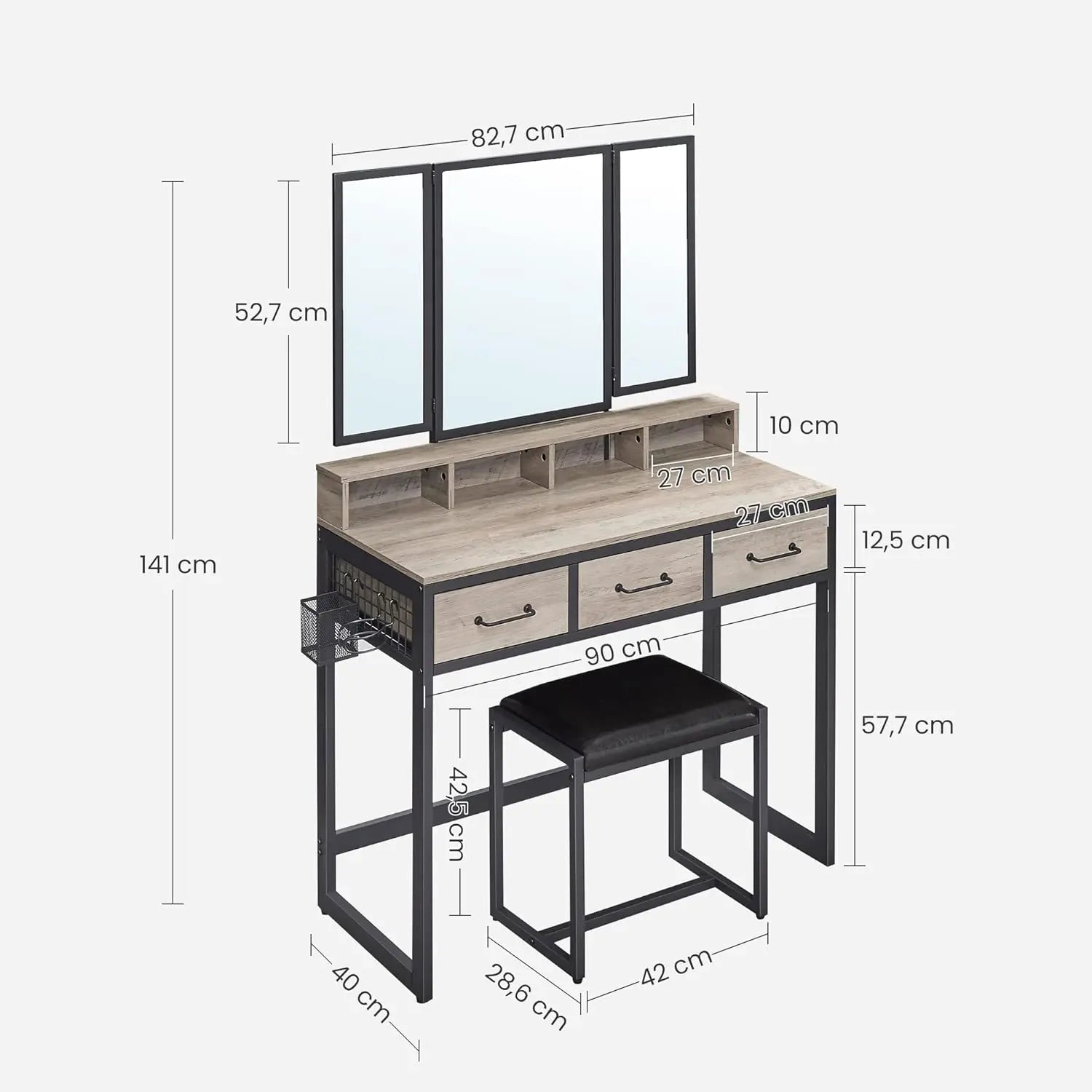 Schminktisch mit Spiegel und Hocker Greige Schwarz von Songmics
