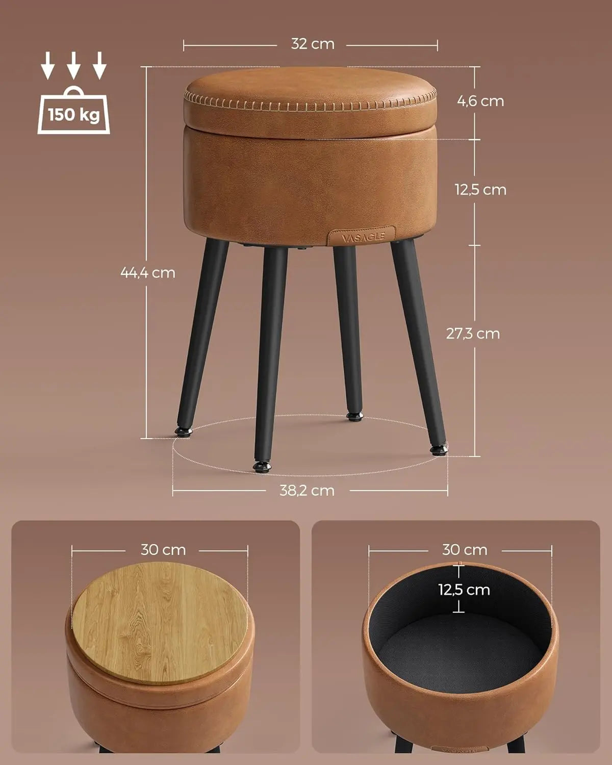 Sitzhocker mit Stauraum rund karamellbraun von Songmics