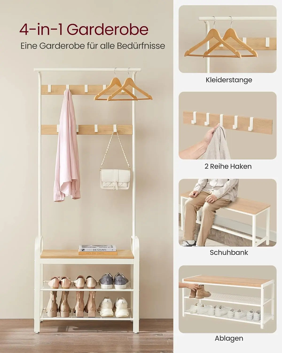 Garderobenständer mit Schuhbank Eichenfarben Weiss von Songmics