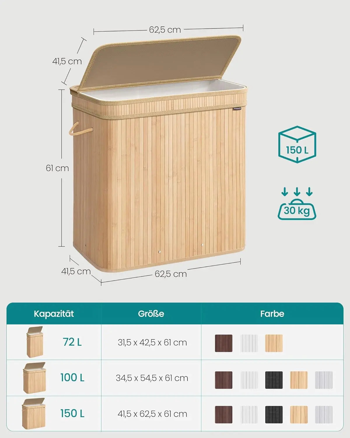 Wäschekorb Bambus 150L Naturbeige von Songmics