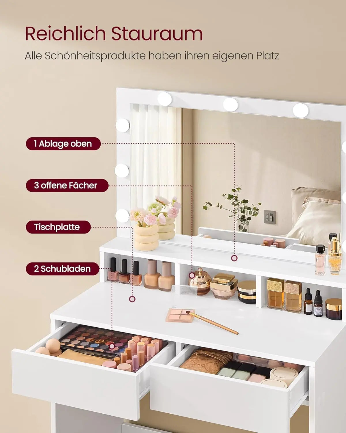 Schminktisch LED Beleuchtung Spiegel Schubladen Weiss von Songmics