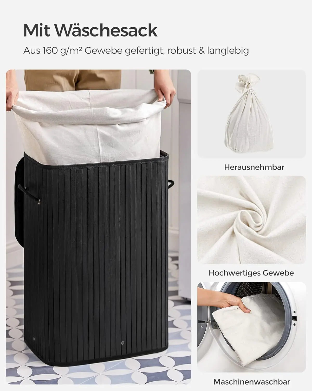 Wäschekorb Bambus faltbar 72L Schwarz von Songmics