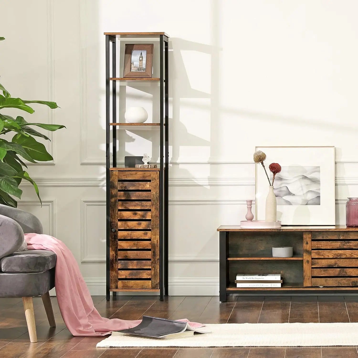 Hochschrank Schmal Offene Versteckte Ablagen Vintagebraun von Songmics