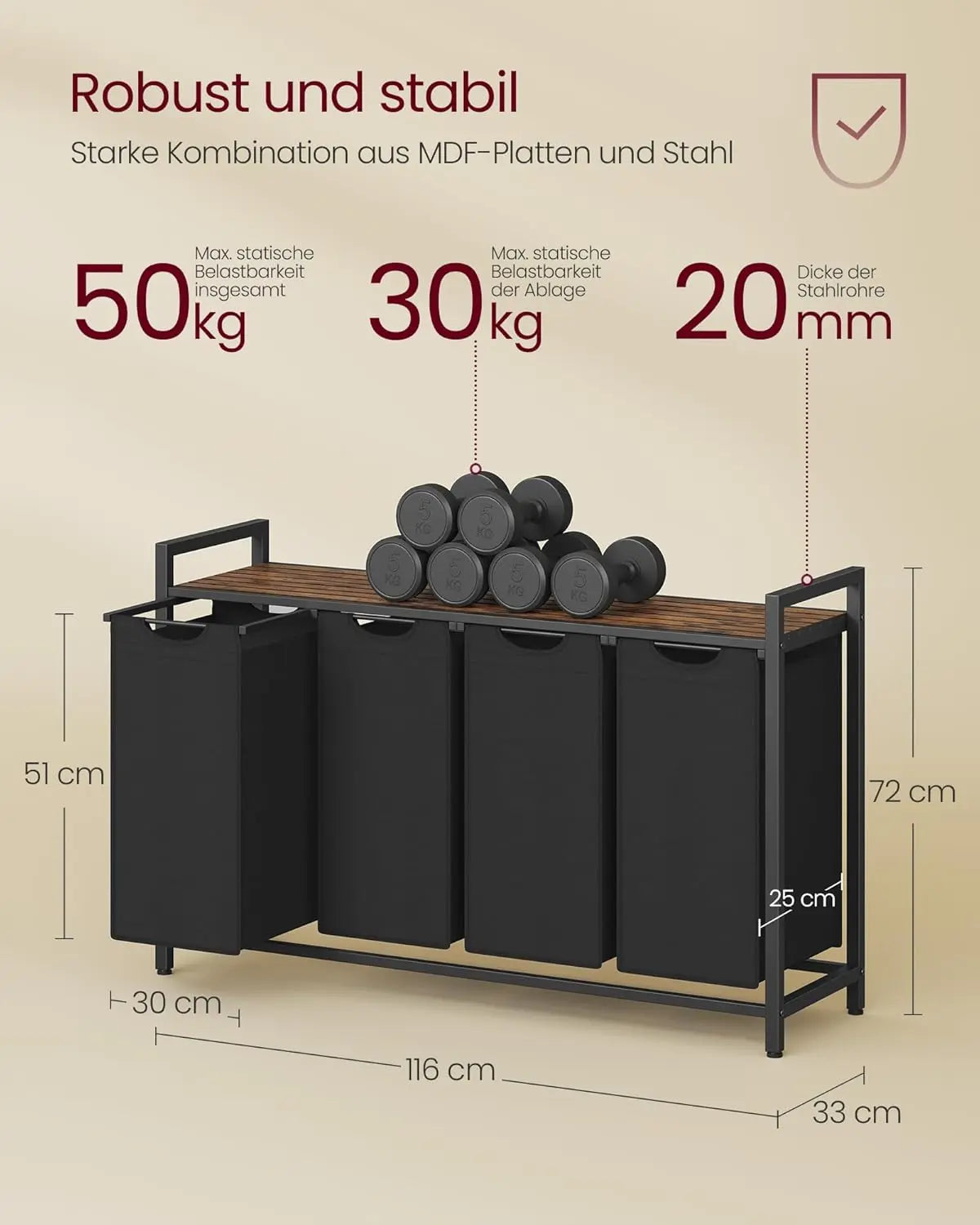 Wäschekorb 4 Fächer Metallrahmen Vintagebraun von Songmics