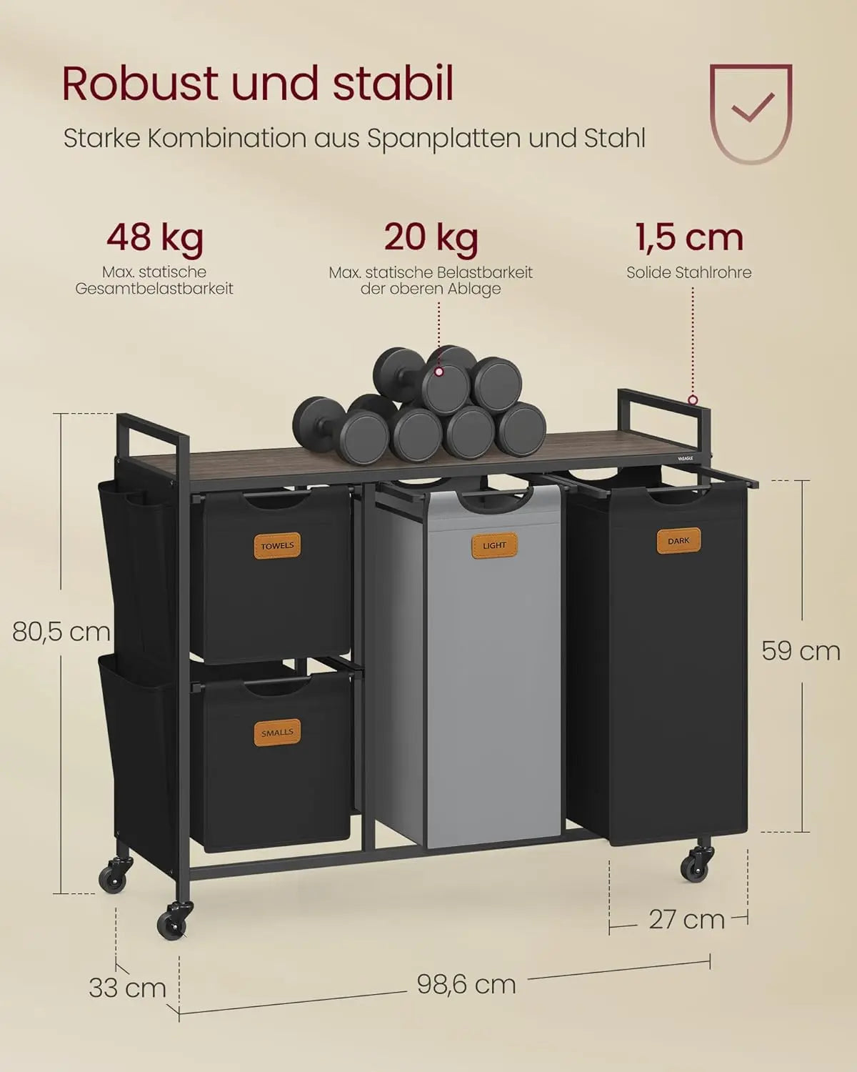 Wäschekorb, Wäscheregal mit Rollen und Ablage kastanienbraun von Songmics