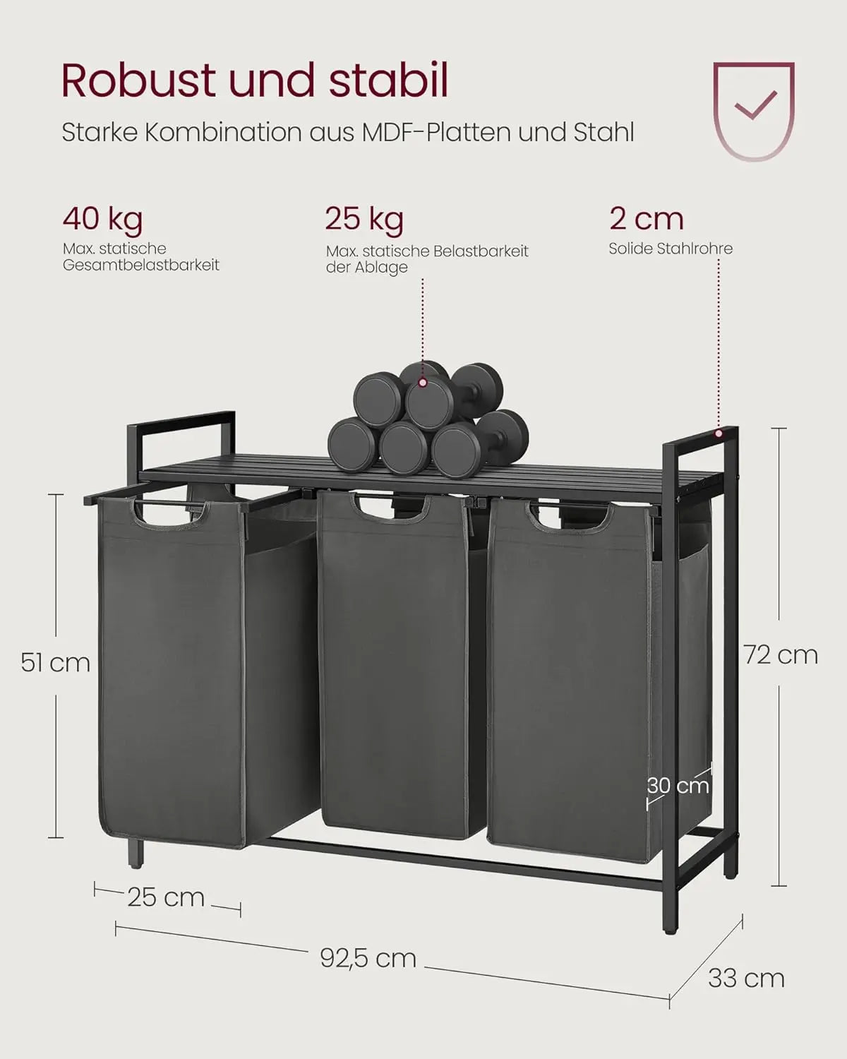 Wäschekorb mit 3 Fächern und Ablage, schiefergrau-anthrazitgrau von Songmics