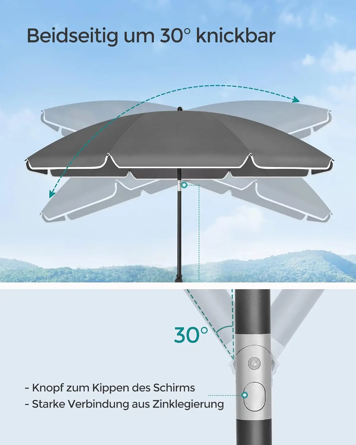 Sonnenschirm 160cm UPF50+ neigbar grau Polyester von Songmics