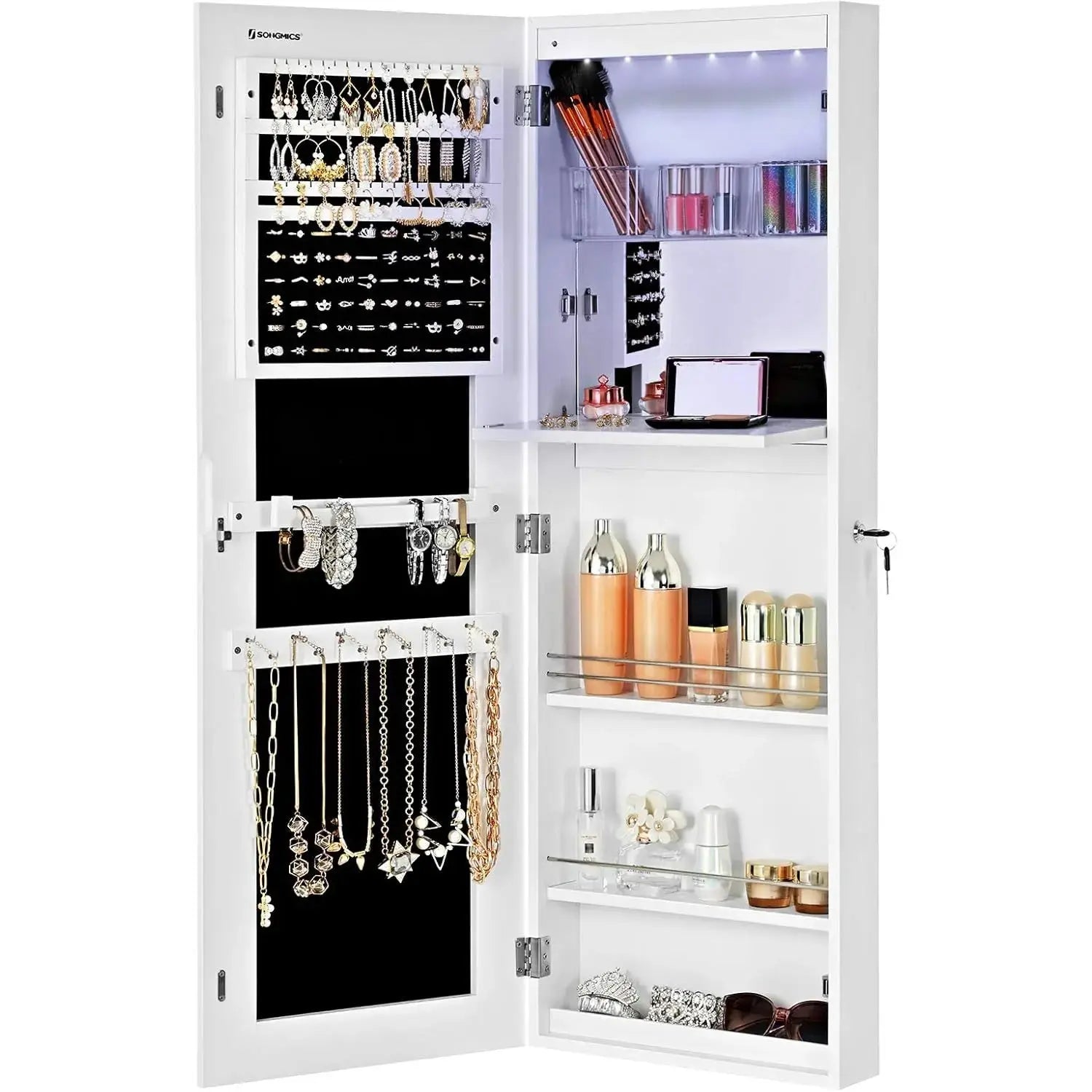 Schmuckschrank Spiegel abschliessbar weiss Holz von Songmics