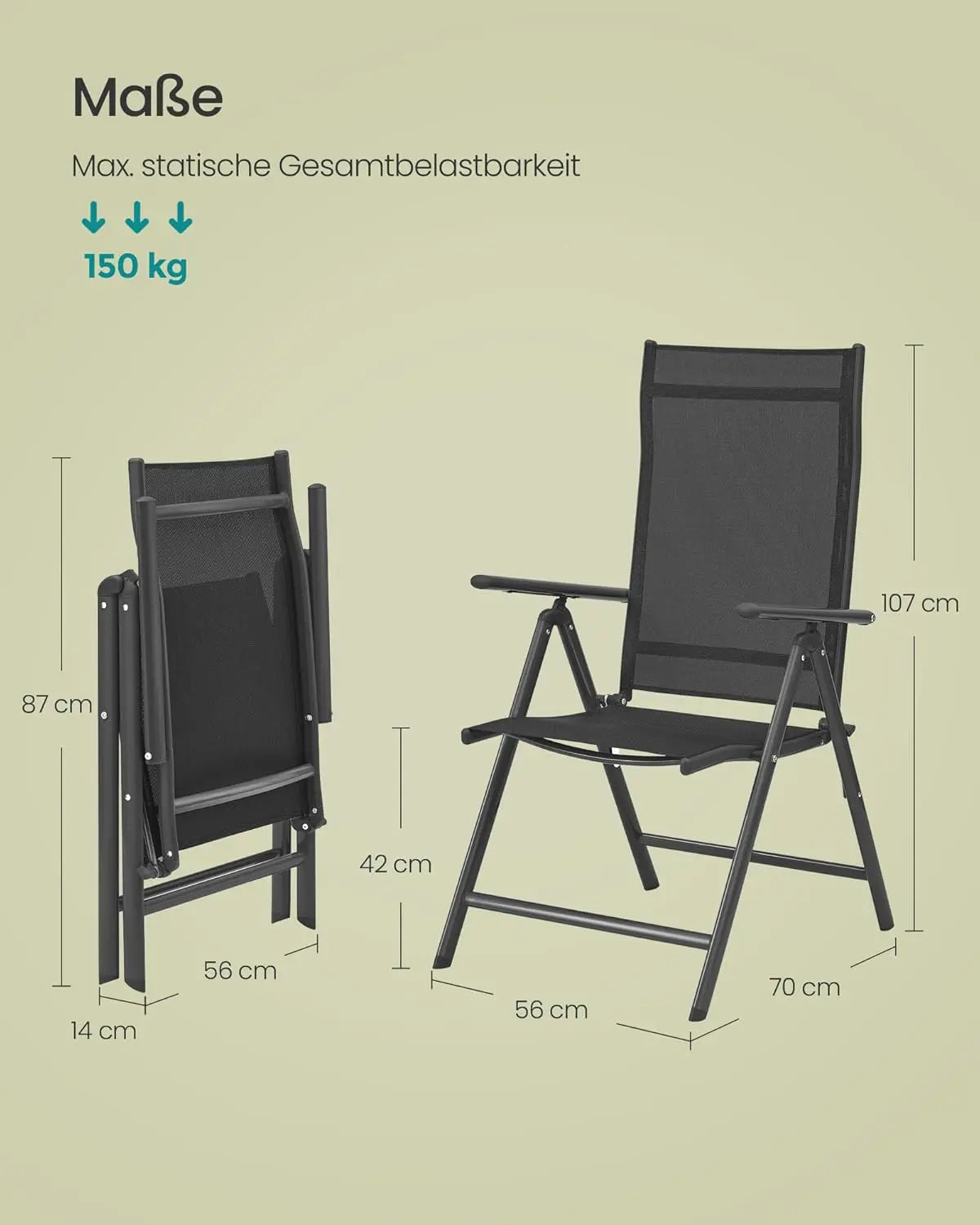 Gartenstuhl klappbar 8-fach verstellbar Schwarz Metall von Songmics