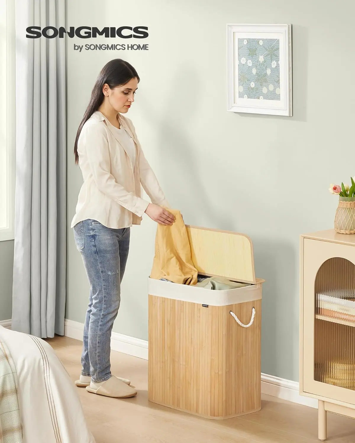 Wäschekorb 100L Bambus 2-Fächer naturfarben von Songmics