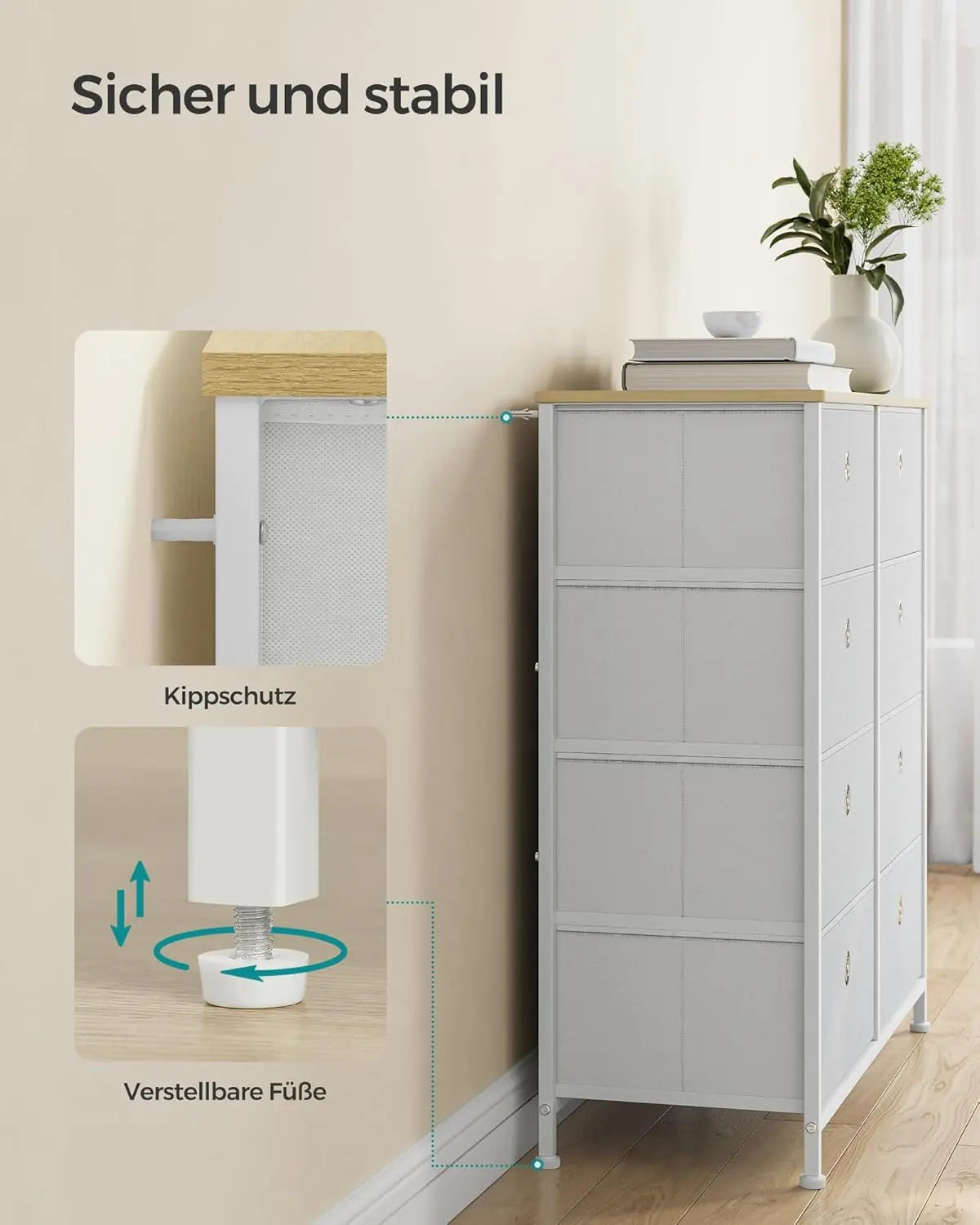 Kommode 8 Schubladen Stoff Creme Eiche von Songmics