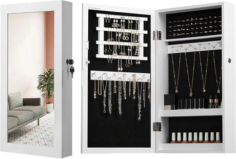 Schmuckschrank Spiegelschrank Hängeschrank abschliessbar Weiss-Schwarz von Songmics