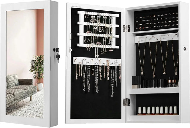 Schmuckschrank Spiegelschrank Hängeschrank abschliessbar Weiss-Schwarz von Songmics