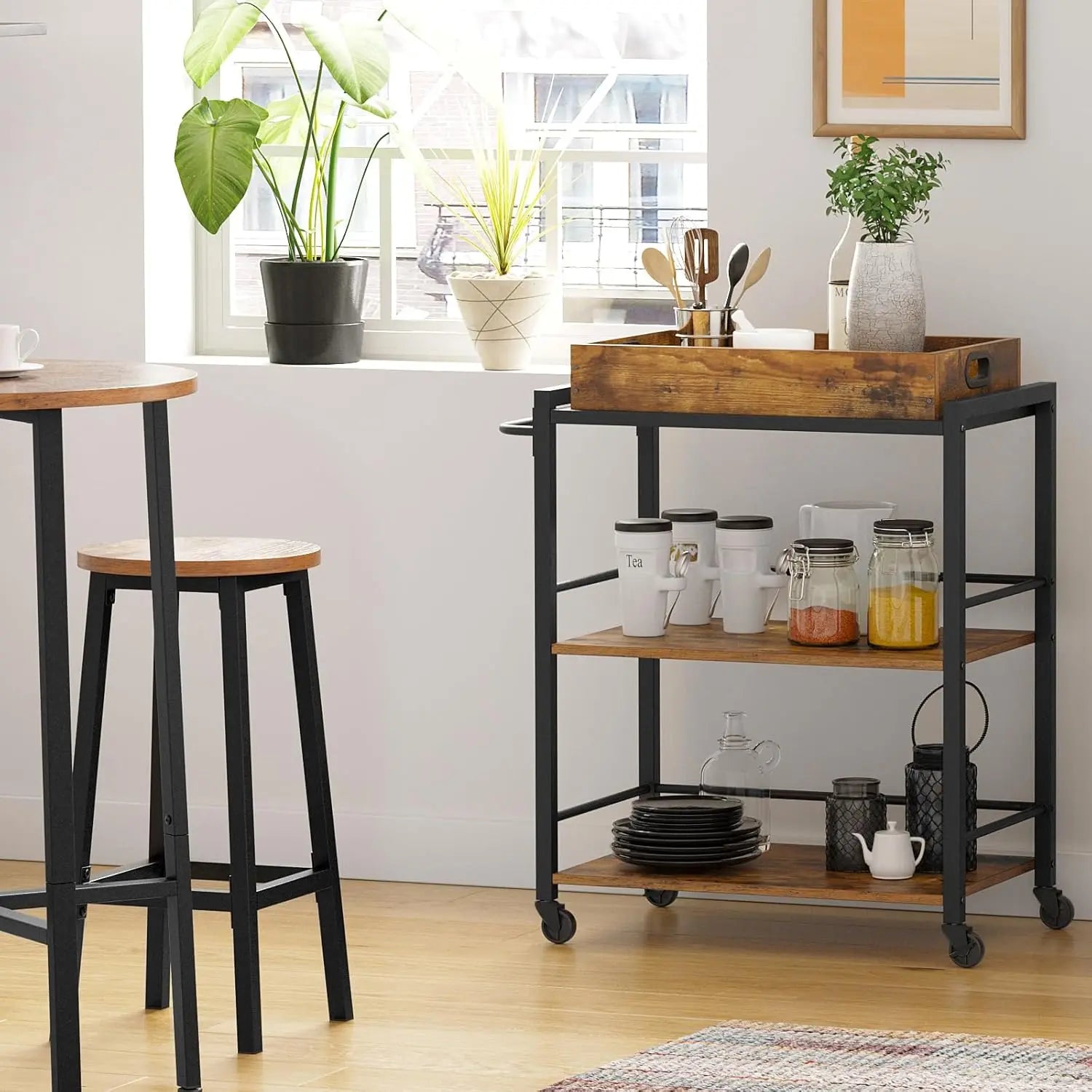 Servierwagen mit Tablett und Rollen vintagebraun von Songmics