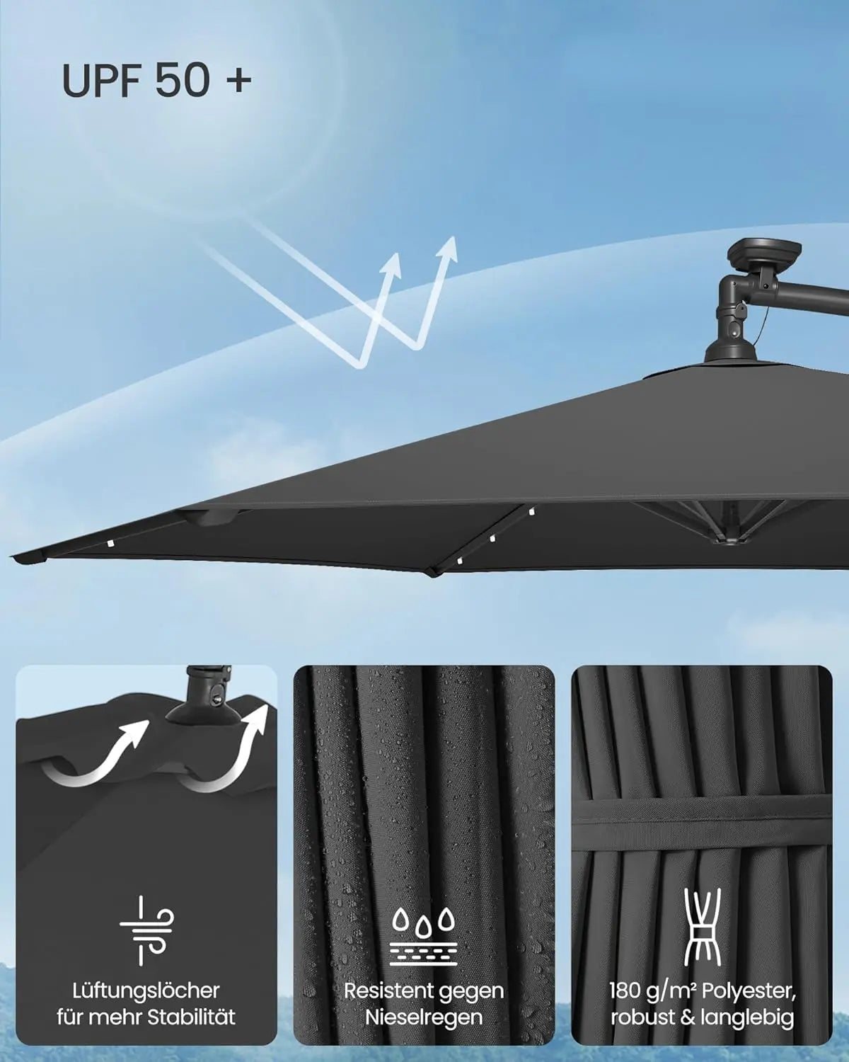 Ampelschirm LED-Solar 300cm grau Aluminium von Songmics