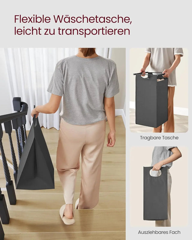 Wäschekorb mit 3 Fächern und Ablage, schiefergrau-anthrazitgrau von Songmics