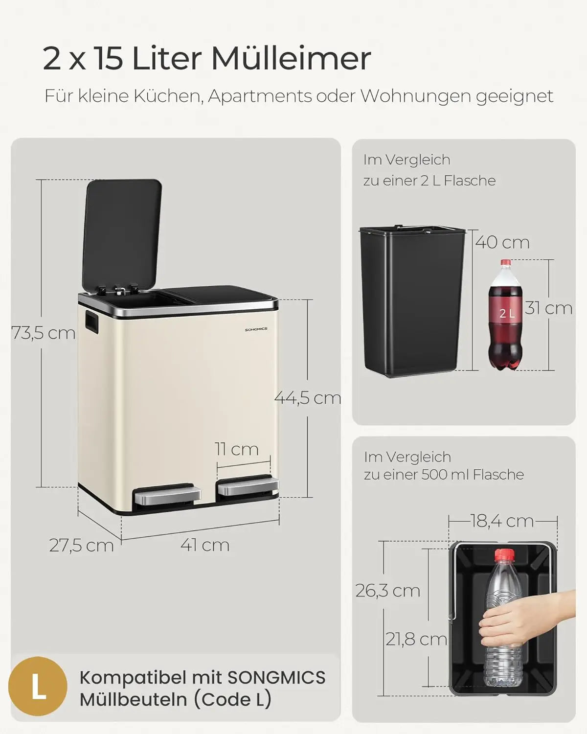 Treteimer 2x15L Softclose sandbeige-tintenschwarz von Songmics