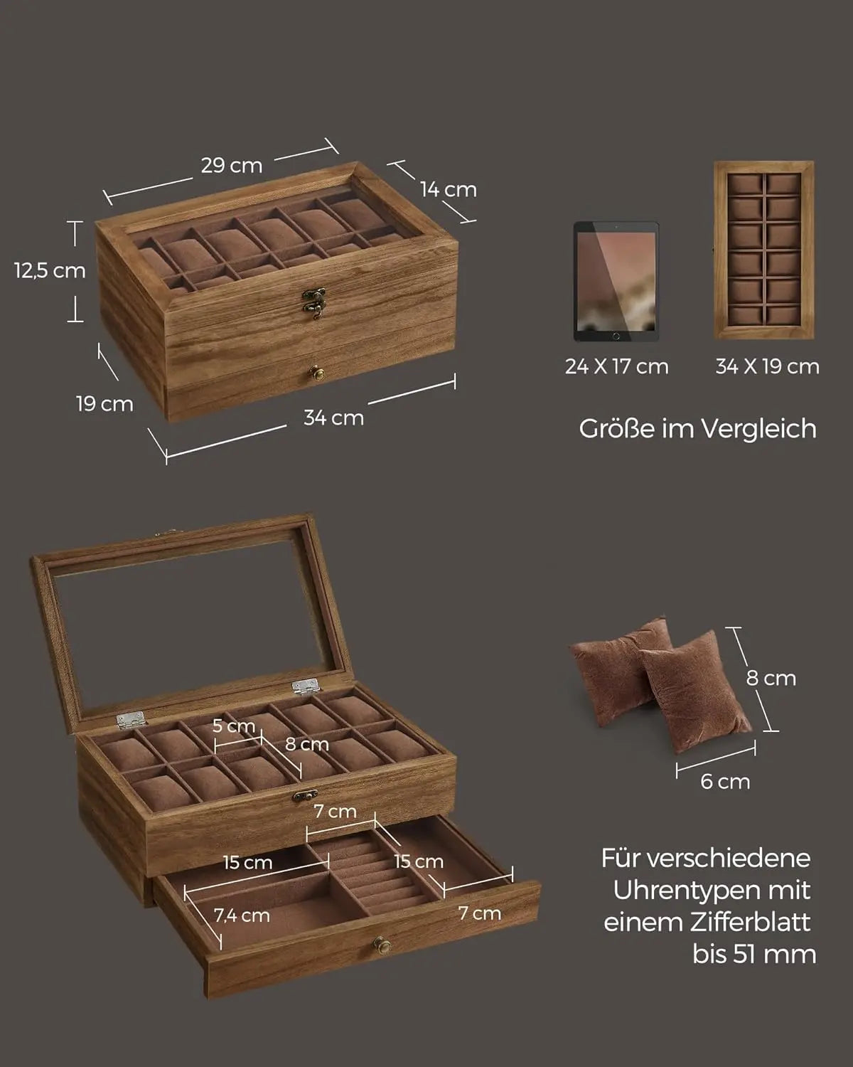 Uhrenbox Massivholz 12 Fächer Walnuss von guteszeug.ch